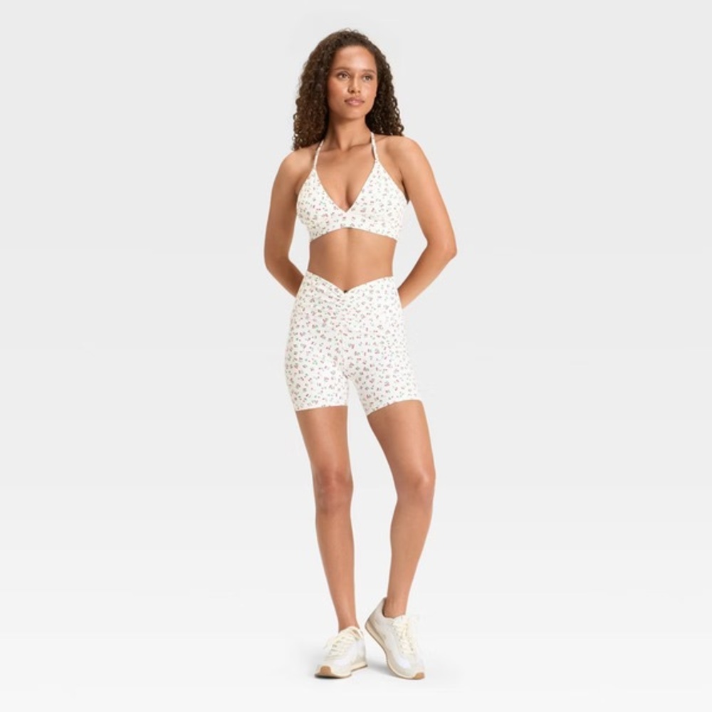 JoyLab Cream Cherry Print Sports Bra and Biker Shorts Set